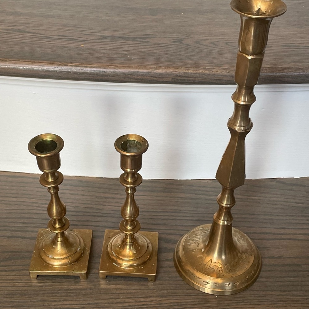 1960,s Set of 3 Solid Brass Candlestick Holders